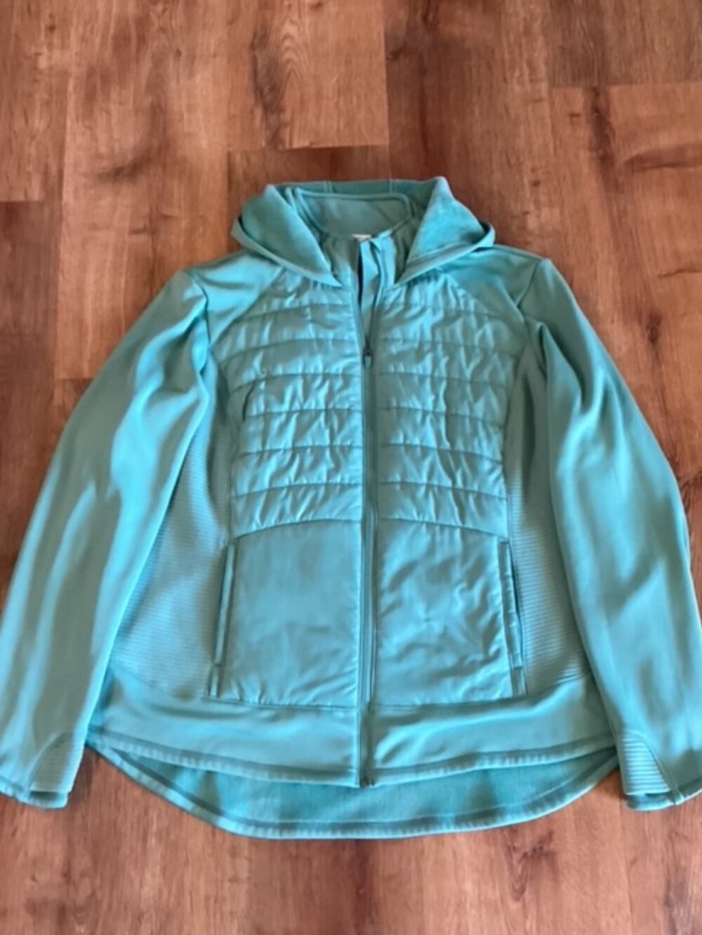 Tek Gear Womans Jacket/Coat 2X Teal Hood Pockets Thumb Holes Full Zip